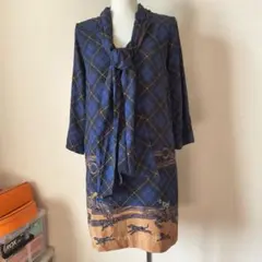 グレースコンチネンタル ネイビー チェック柄 ワンピース 36 ボウタイ