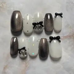 【no.65】ネイルチップ　ショートバレリーナ　黒マグ×白　リボン　大人ガーリー