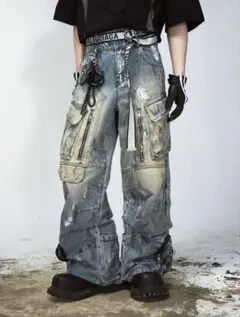 PEOPLESTYLE ダメージ加工 レトロ ワイド デニム denim ブルー - メルカリ