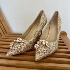 ウェディングシューズ　グリッター ビジューハイヒールパンプス　ピンクゴールド