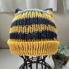 ハンドメイド♡夏素材シンプル猫耳ニット帽　イエロー×ネイビーボーダー