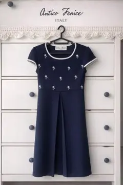 Antico Venice ワンピース Mネイビー 花刺繍 フォーマル