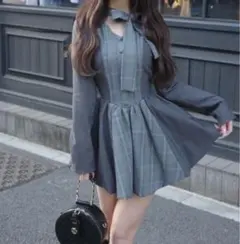 darich チェックストライプバルーンミニワンピース