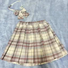 ピンク チェック柄 ミニスカート リボン付き 制服風コスプレ 130cm