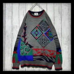 【VINTAGE☆総柄ニット】セーター☆グレー系☆M☆訳あり