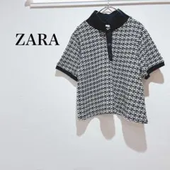 ザラ サマーニット 半袖 総柄 柄物 ネイビー おしゃれ 襟付き ハーフボタン