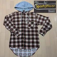 90s SEARS 후드가 달린 네루 셔츠 L 브라운 체크 시어스 헌옷