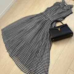 ラルフローレン】チェックワンピース 半袖 膝丈 ベルト 丸襟 シルク 紺