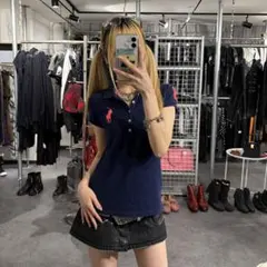 ラルフローレン　ポロシャツ　ビックポニー　Y2K 刺繍　polo ネイビー　ピチ