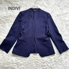 【INDIVI】ネイビー　ホワイトストライプ　ノーカラージャケット　日本製　38