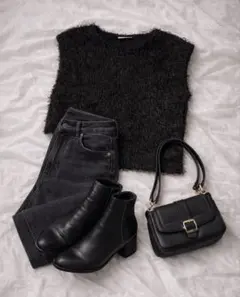 ラメベストブラックL 短丈 毛長 フェミニン 韓国 ストリート