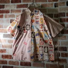希少！カールヘルム ビール缶 総柄 半袖シャツ アシンメトリー ワッペンのサムネイル