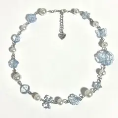 ハンドメイドネックレス　シルバーアクセサリー　ブルー　パール　推し活　Y2K
