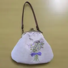 ハンドバッグ がま口 花柄刺繍 麻素材