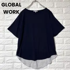 グローバルワーク シャツ カットソー 半袖 紺 ストライプ 透け感 M ゆったり