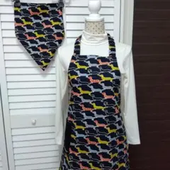 ✿ダックスフント柄　ハンドメイド子供用エプロン　三角巾セット