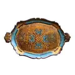 【ヴィンテージ】工芸品 花リム トレイ ロココ調 木製 ゴールド 水色 イタリア 工芸品】花リム トレイ ロココ調 木製 ゴールド 水色 イタリア