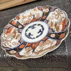 古伊万里様式 染付 赤絵 金彩 輪花皿 時代物 骨董 美術品 明治大正