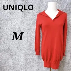 5035 ユニクロ ニット M 赤 ウール100% メリノ フード付き メリノ