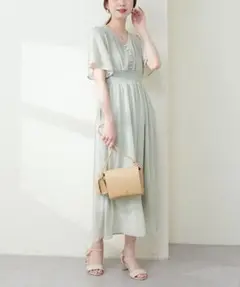ナチュラルクチュール フレアスリーブお上品ワンピース グリーン