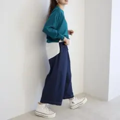 新品 ゆったりワイドデニムパンツ デニムガウチョパンツ/ブルーM〜L