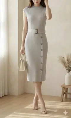 韓国ファッション グレーノースリーブワンピース レディース 春夏 大人かわいい