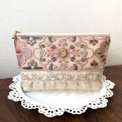 インド刺繍リボン×キルティング　フリル　マチ付きポーチ