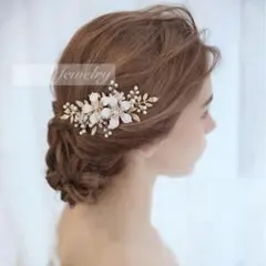ピンクゴールドフラワー ヘッドドレスヘアアクセヘアコーム髪飾りブライダル結婚式