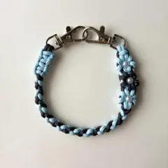 花編み 細め パラコード ハンドストラップ スマホ 落下防止 水色 グレー