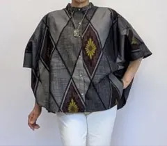467 手染め大輔着物リメイク 縮緬辻ヶ花と紬 テントラインチュニックМ