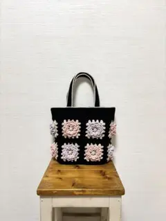 モチーフ編み　手編み　お花　コットン　バッグ　ハンドメイド　No.305