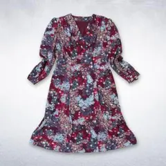 vintage 総柄フラワーワンピース レトロ フェミニン ミディ丈 Vネック