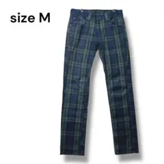 メンズ　カジュアルパンツ　ストレート　Ｍ　チェック柄　グリーン系　ストレッチ