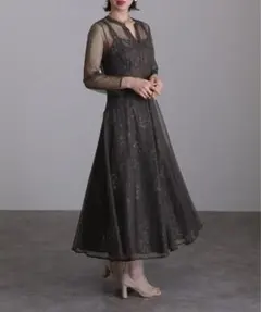 レースアップ パーティードレス 大きいサイズミモレ丈&袖あり結婚式フォーマル