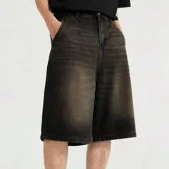 メンズ　ハーフパンツ　ウォッシュデニム　ダメージ　ブラウン　加工