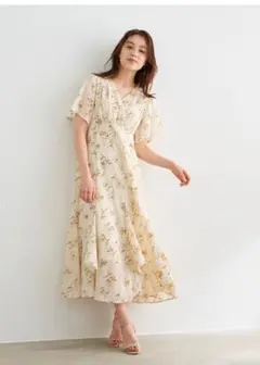 【stola.】線画花柄プリントワンピース　イエロー38 アンダードレスつき