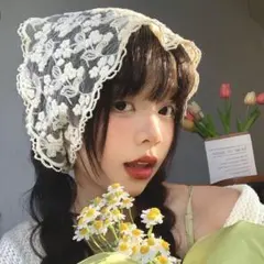 730 レース ヘッドドレス バンダナ ホワイト　レースバブーシュカ