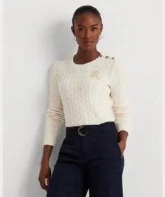 美品 ラルフローレン ボタントリム ケーブルニット コットンセーター