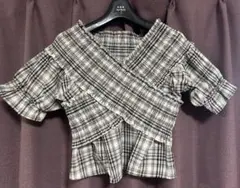 チェック柄オフショルダー半袖ブラウス M