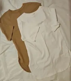 ベージュとホワイトの半袖ロングTシャツ２枚セット Sサイズオーバーサイズ