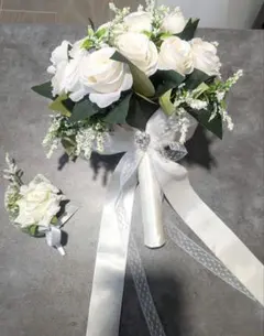 ウエディングブーケ ブートニア セット ホワイトローズブーケ