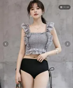 レディース水着 バック3段リボンラメ入りドビーチェックハイウエストフリルビキニ