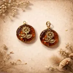 琥珀色の花フラワーチェコビーズチャームズ＊ヴィンテージ風＊1.8cm 2個