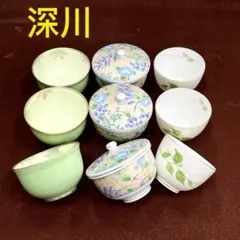 0909-4⭕️深川　花柄 蓋付き湯飲み 9個セット