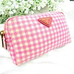 PRADA プラダ ポーチ ギンガムチェック ピンク 裏地総柄 イタリア製