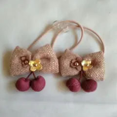 ピンク　ツイード　リボン　ヘアゴム