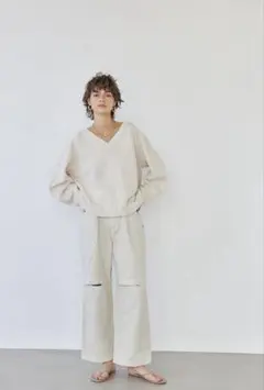 【新品未使用】白デニム Slash Knee Wide Denim Pants