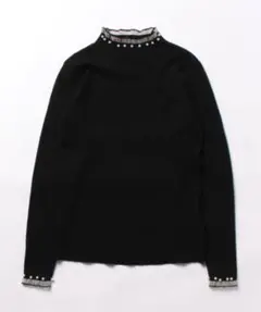 SHEIN ハイネック フリル パール リブ ニット ブラック Lサイズ 韓国