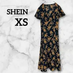 SHEIN 花柄 Vネック ワンピース 【XS 】スリット ブラック