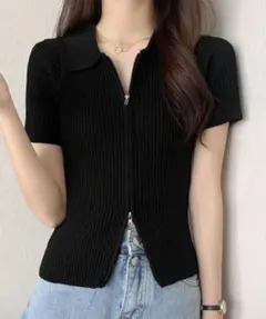 ダブルジップカーディガン　半袖　黒